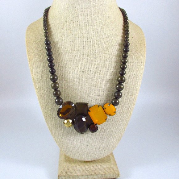 Vintage Signed (NR) Glass Gems Beaded Brass Statement Necklace - Picture 2 of 4